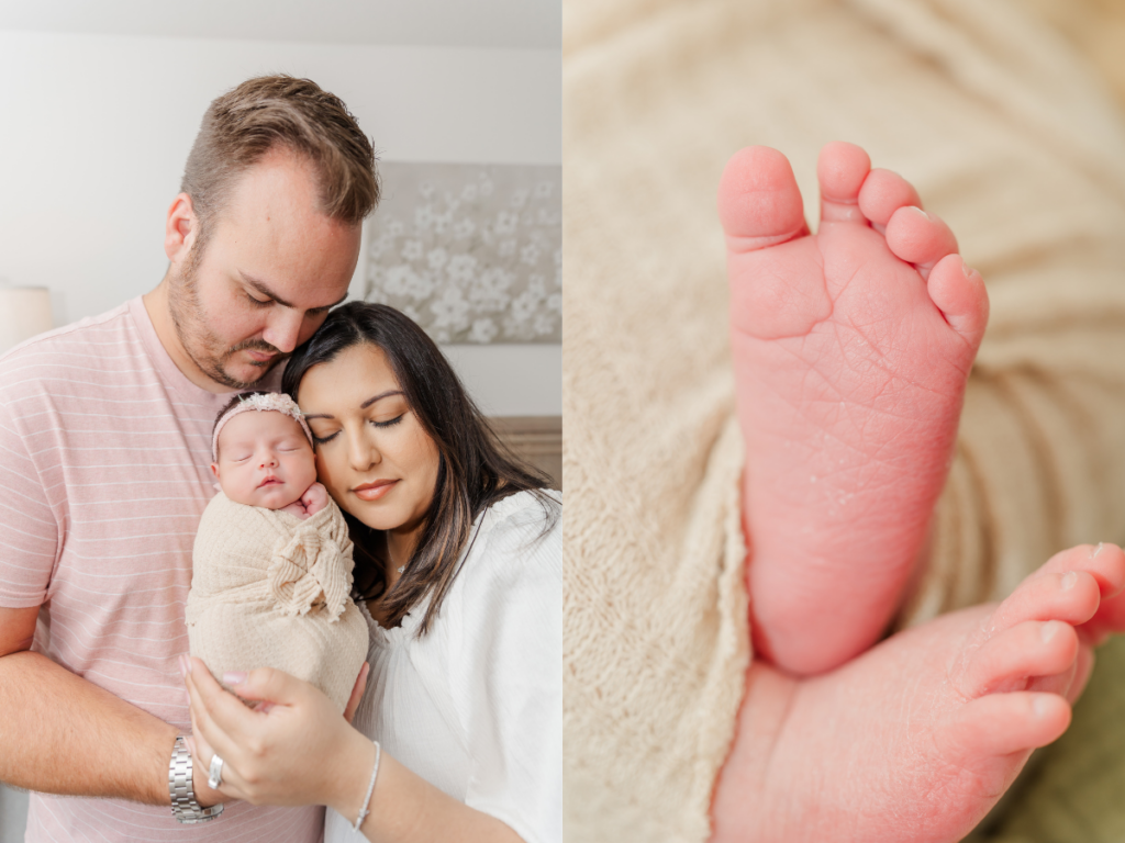 mom and dad cuddle with new baby girl and detail shot of baby toes