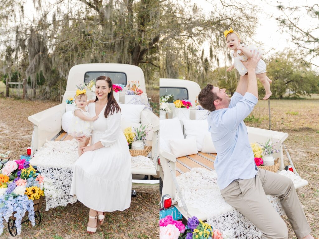 baby posing with mom and dad in bed of vintage truck for Spring mini session