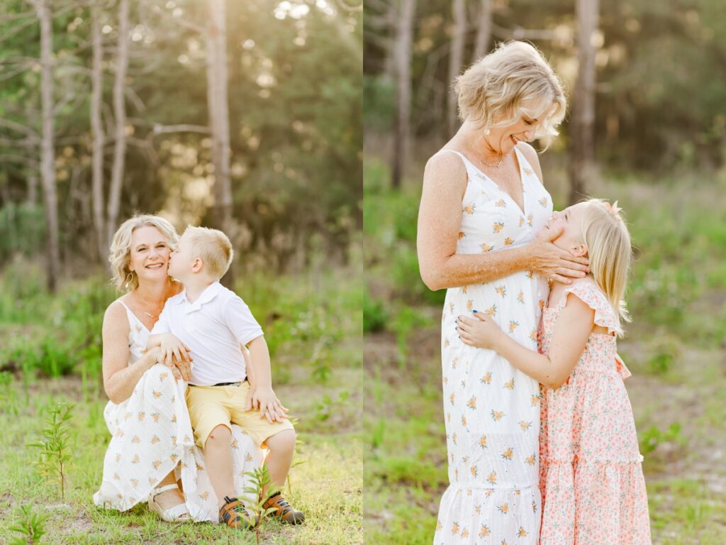 mom cuddles with her children during family session