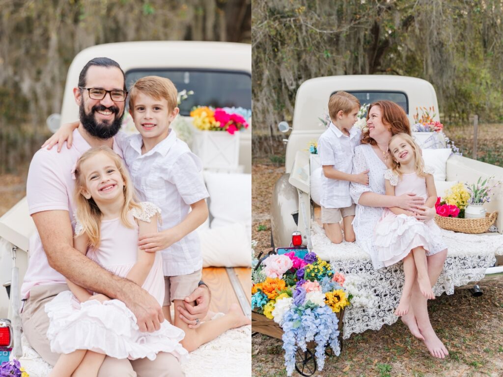 parents cuddle with their children during mini session with vintage truck