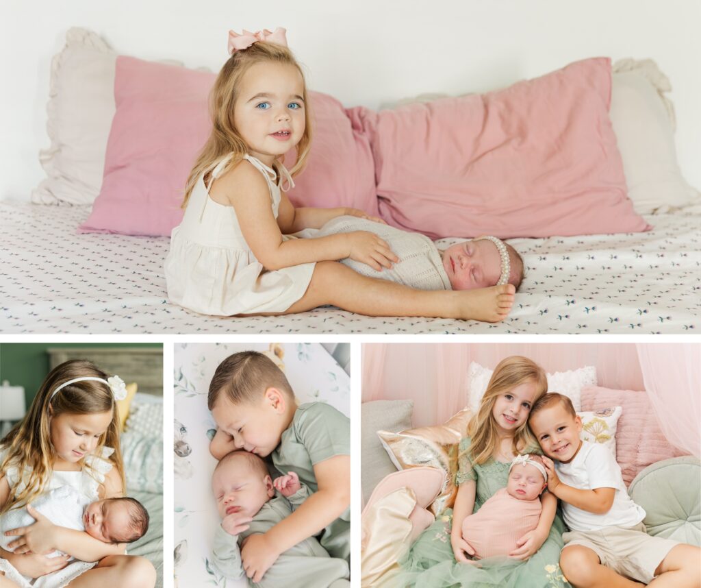 older siblings snuggle and bond with new baby during lifestyle newborn session at home