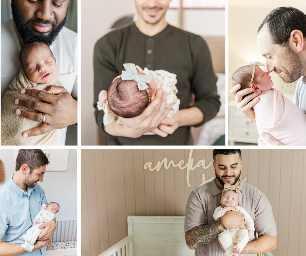 Dads snuggling their new baby during lifestyle newborn session