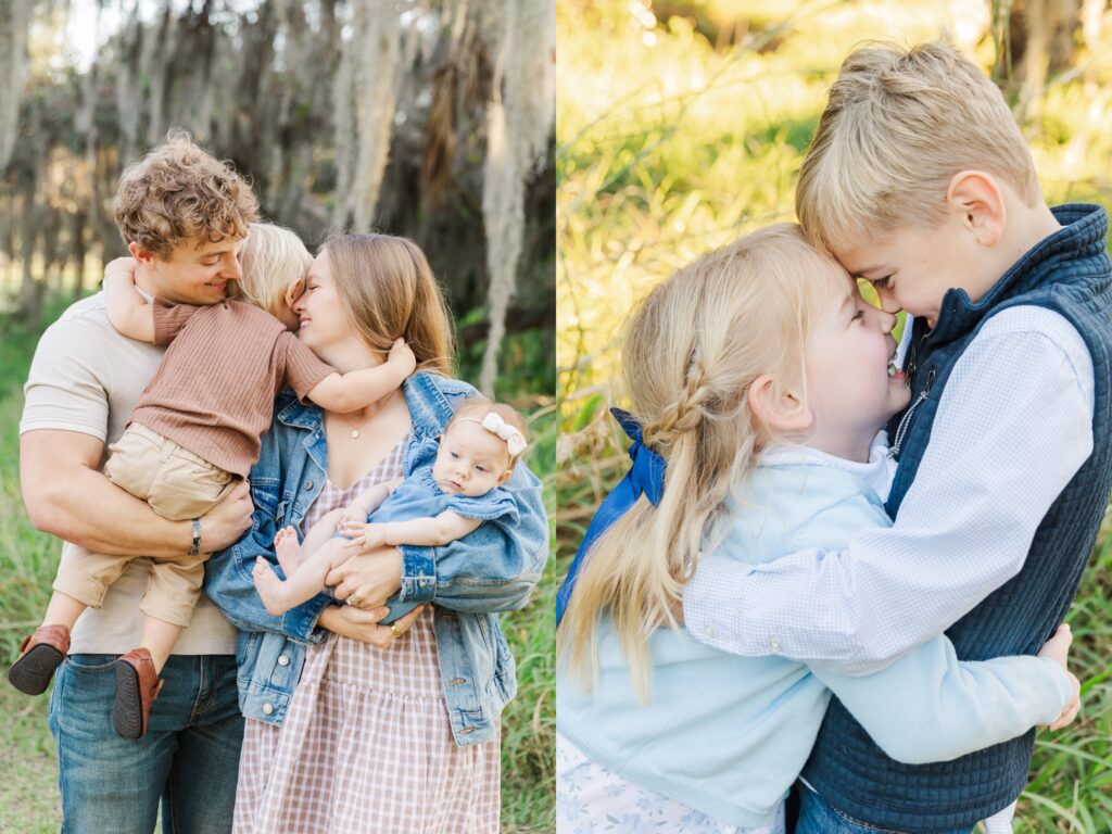 toddler hugging mom and dad tightly during family photo/ brother and sister hug while rubbing noses and giggling 