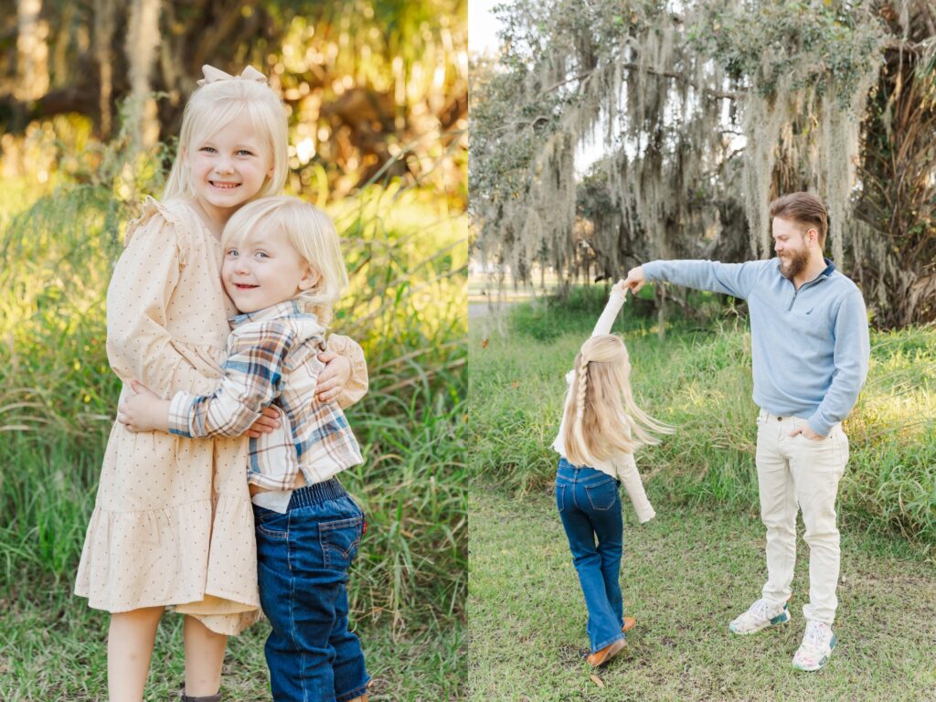 brother and sister embrace in a hug/dad twirls daughter