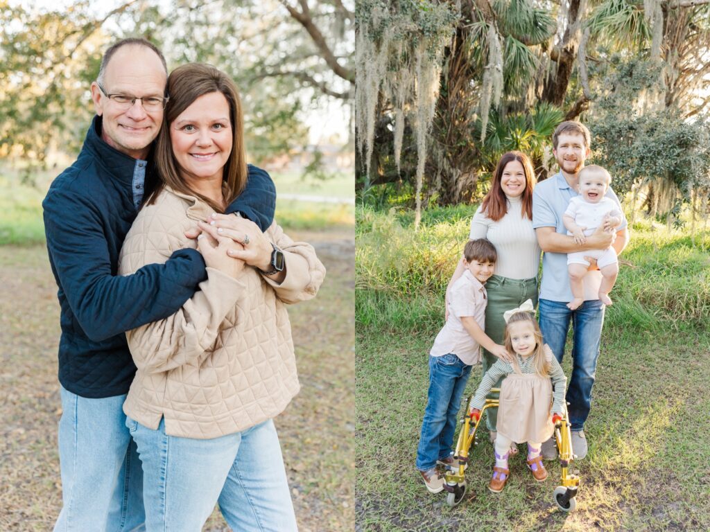 husband wraps arms around wife in elevated prom pose/family gets close for smile at the camera photo