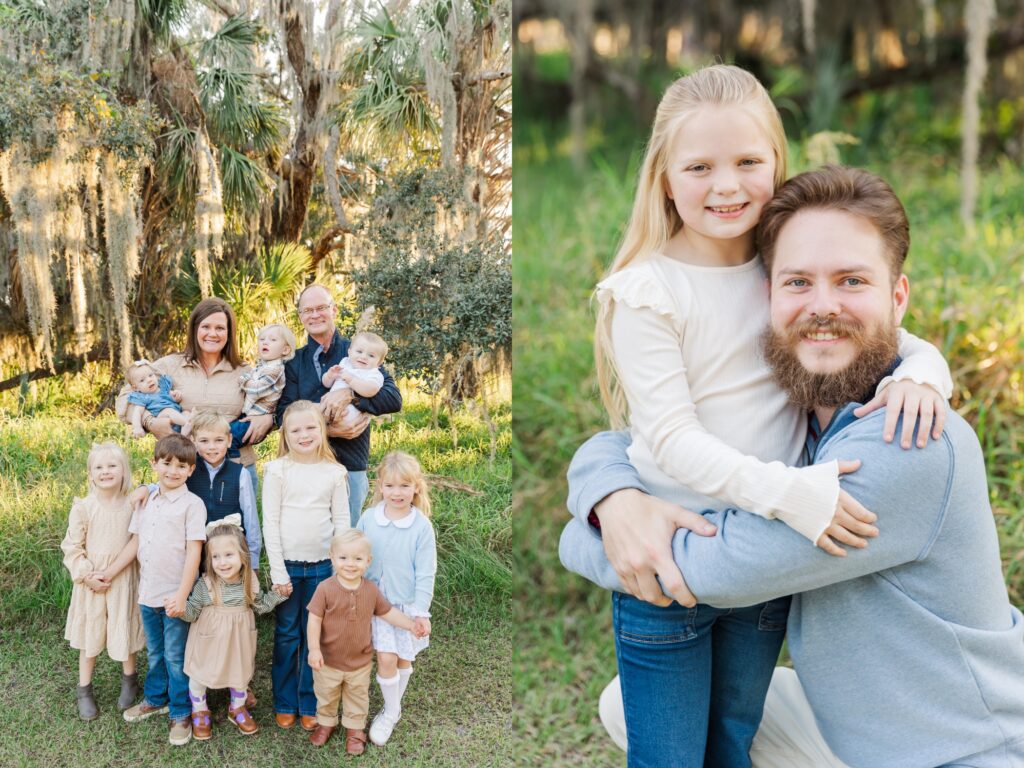 grandparents posed with 10 grandchildren/ dad and daughter embrace in a hug