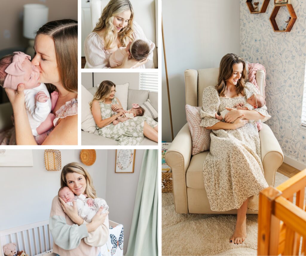 Moms snuggling their new babies at lifestyle newborn session