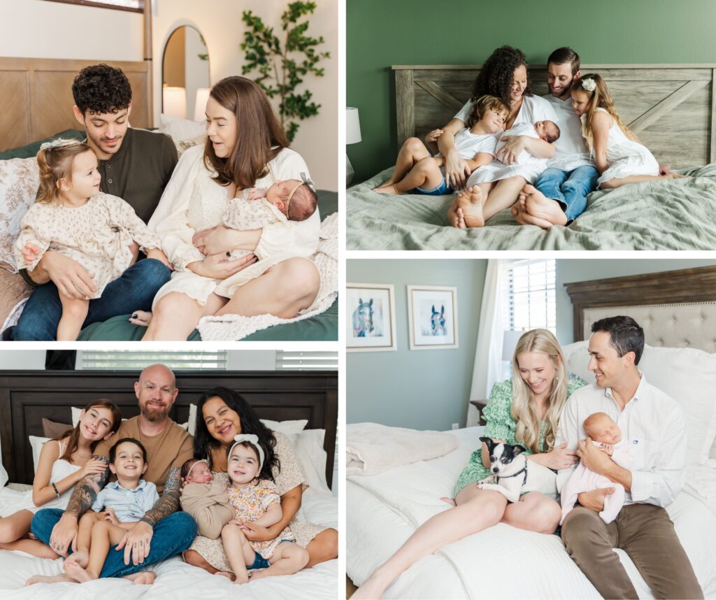 Families snuggle on the master bed during lifestyle newborn sessions