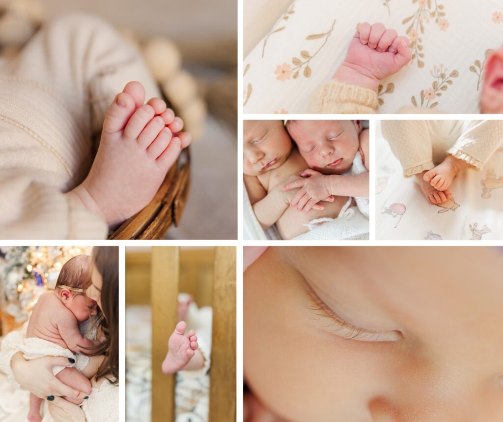 detailed closeup shots of baby toes, hands, eyelashes, and squishy skin rolls