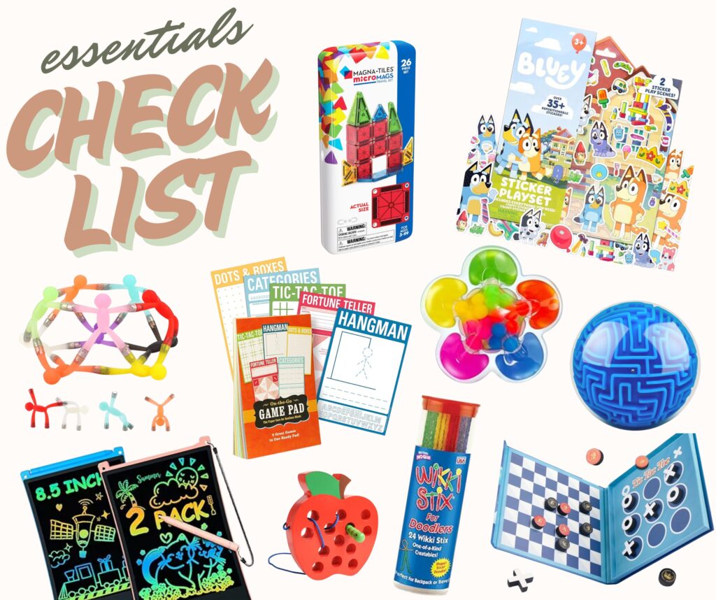 collage of kid-friendly toys and activities to keep children entertained at a restaurant